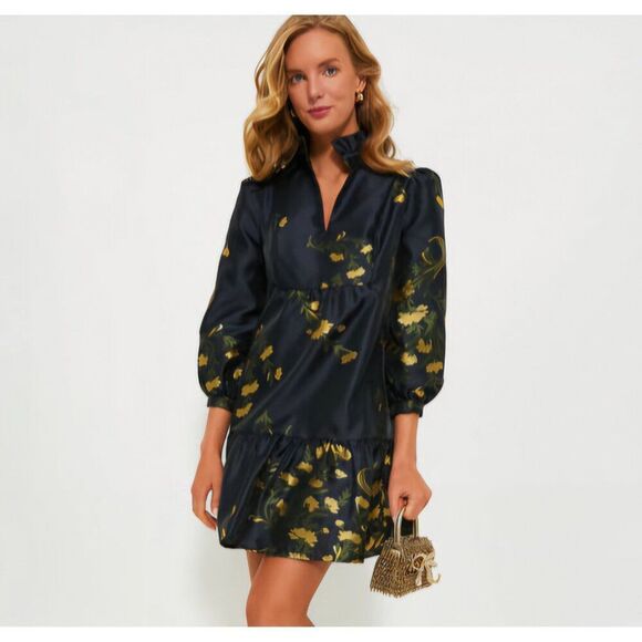 NWT - Tuckernuck - XS - Navy Jasmine Vine Jacquard Formal Palmerston Dress $228 - Picture 1 of 13